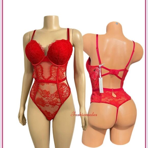 Victoria’s Secret Sexy Bombshell Push Up Adds 2 Cups Lace Teddy Bodysuit Red M - Picture 8 of 10